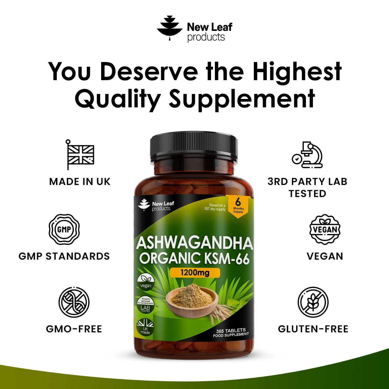 Ashwagandha KSM-66 1200Mg - 365 Vegan Organic Root Extract High Strength Tablets